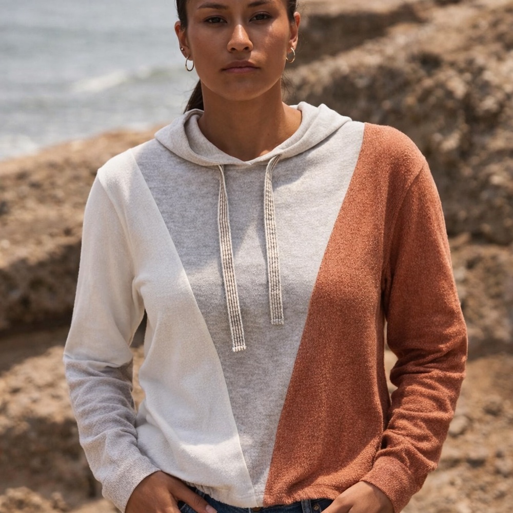 Colorblock‎ Hooded Pullover Sweatshirt M Neutral Knit Terry Hoodie